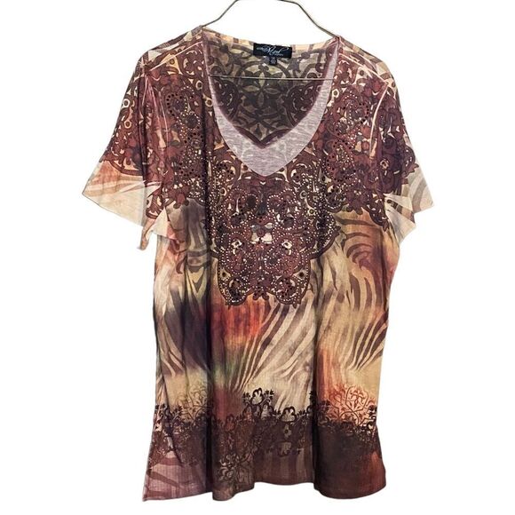 Avenida Azul Sublimation Top Brown Neutral Beads Flutter Sleeve Size 1X EUC - Picture 1 of 8